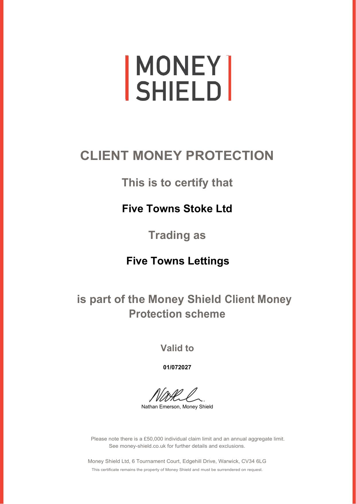 Five Towns Stoke Ltd Money Shield Client Money Protection certificate